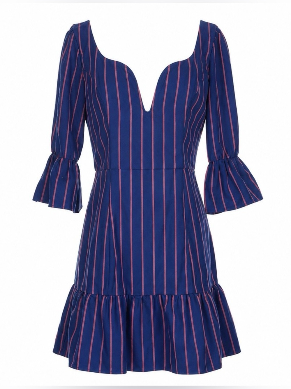 LPA Revolve Striped Mini Dress Bell Sleeve Ruffle Hem Blue Pink Size S